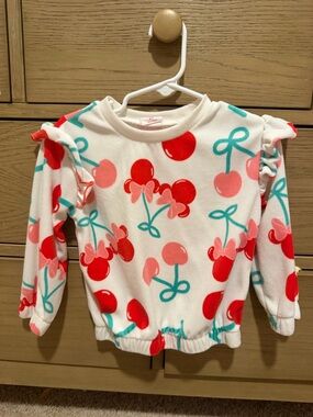 Disney White Girls Cherry Print Sweatshirt with Ruffle Shoulders